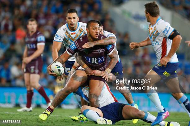Addin Fonua-blake of the Sea Eagles in action during the round 11 NRL match between the Gold Coast Titans and the Manly Sea Eagles at Cbus Super...