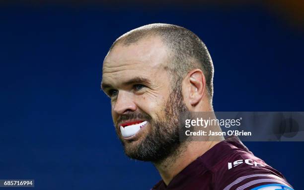 Nate Myles of the Sea Eagles looks on during the round 11 NRL match between the Gold Coast Titans and the Manly Sea Eagles at Cbus Super Stadium on...