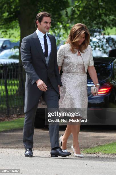 Roger Federer and Mirka Federer seen arriving at St Mark's Church for the Wedding of Pippa Middleton and James Matthews on May 20, 2017 in...