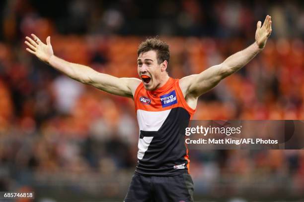 Jeremy Cameron of the Giants celebrates victory at fulltime during the round nine AFL match between the Greater Western Sydney Giants and the...