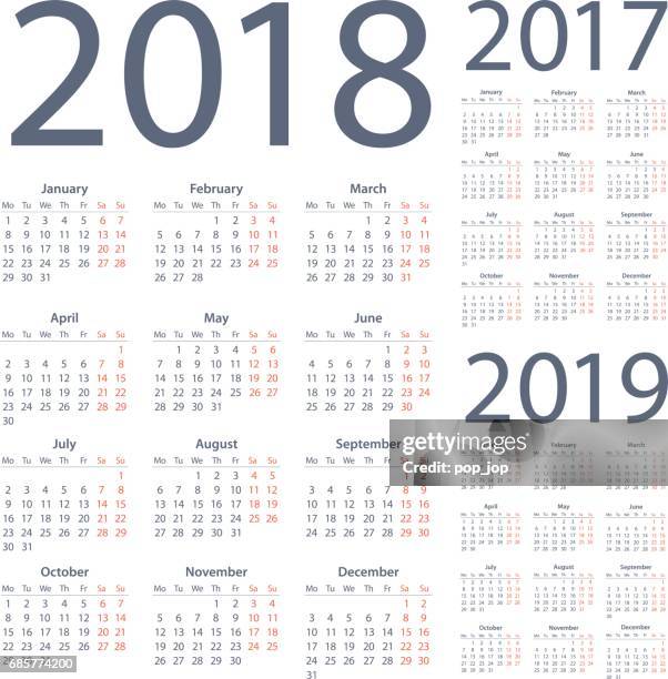 calendars 2018 2017 2019 simple - english european international version - july 2018 calendar stock illustrations