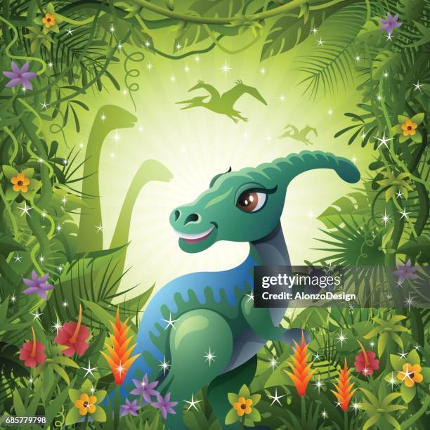 ilustraciones, imágenes clip art, dibujos animados e iconos de stock de lindo dinosaurio en la selva - era prehistórica