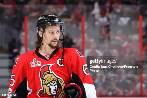 Erik Karlsson of the Ottawa Senators looks on against the Pittsburgh Penguins in Game Three of the Eastern Conference Final during the 2017 NHL...