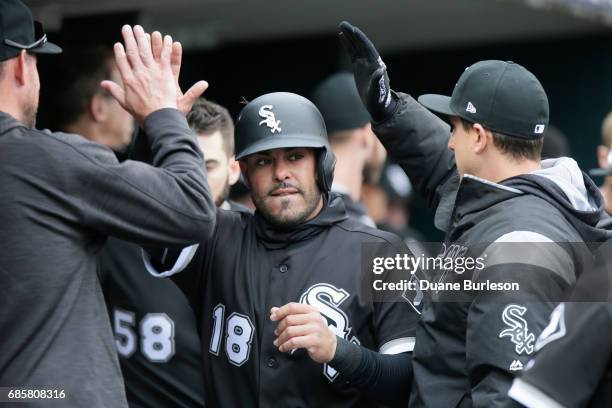 Geovany Soto of the Chicago White Sox celebrates after scoring against the Detroit Tigers at Comerica Park on April 30, 2017 in Detroit, Michigan.