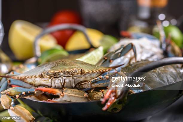 verse blauwe krab - crab pot stockfoto's en -beelden