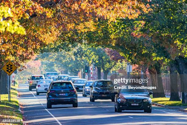 cores de outono na estrada movimentada suburbana, tráfego nos dois sentidos - placa de travessia de crianças - fotografias e filmes do acervo