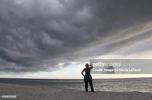 woman on the beach with extreme stormy weather - a picture of a barometer stock pictures, royalty-free photos & images