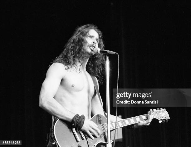 Chris Cornell of Soundgarden performing on stage at A Gathering of the Tribes festival at the Pacific Amphitheatre in Costa Mesa, California on...