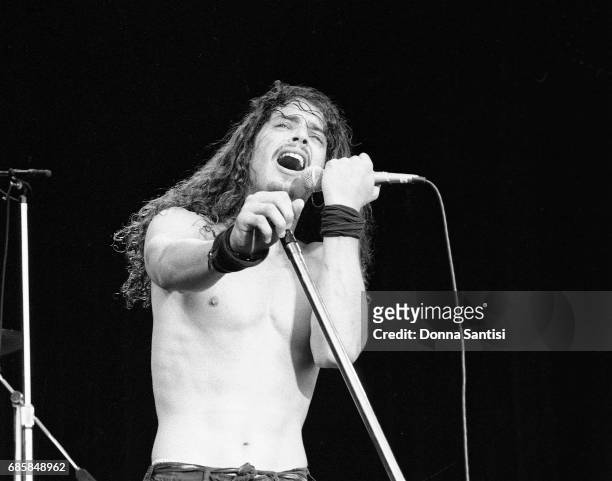 Chris Cornell of Soundgarden performing on stage at A Gathering of the Tribes festival at the Pacific Amphitheatre in Costa Mesa, California on...
