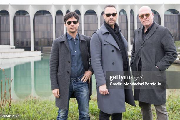 Actors Raoul Bova, Andrea Sartoretti e Giuseppe Loconsole, protagonists of the TV series Fuoco amico TF45 - Eroe per amore, during their visit to the...