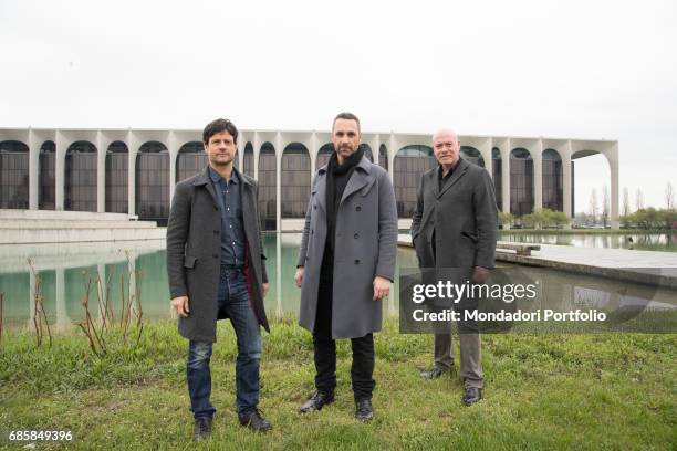 Actors Raoul Bova, Andrea Sartoretti e Giuseppe Loconsole, protagonists of the TV series Fuoco amico TF45 - Eroe per amore, during their visit to the...