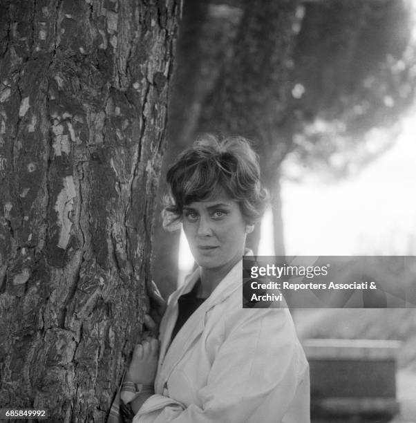 Italian actress Alida Valli lying on a tree. 1959