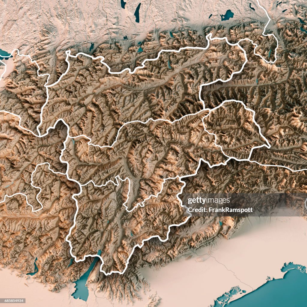 Europaregion Tirol-Südtirol-Trentino Render 3D mapa topográfico frontera Neutral