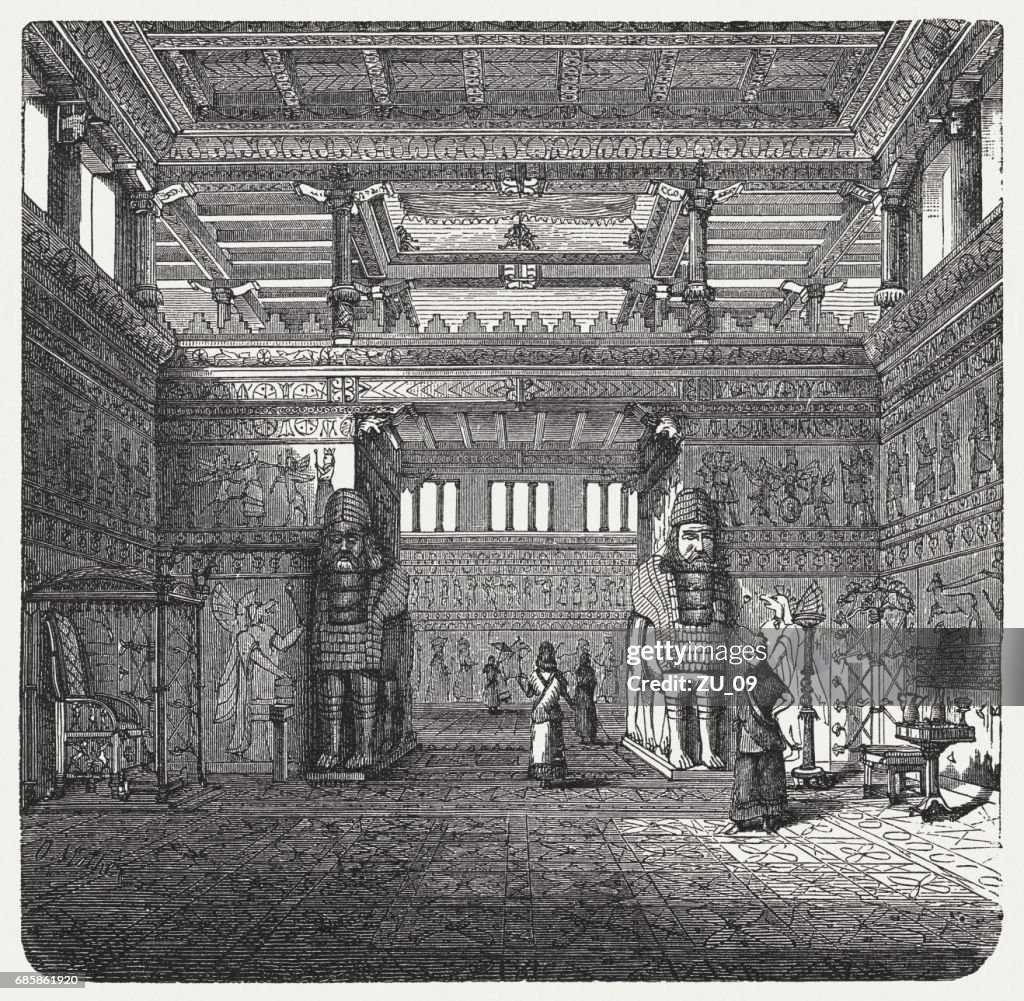 Interior of an Assyrian Royal palace, wood engraving, published 1880