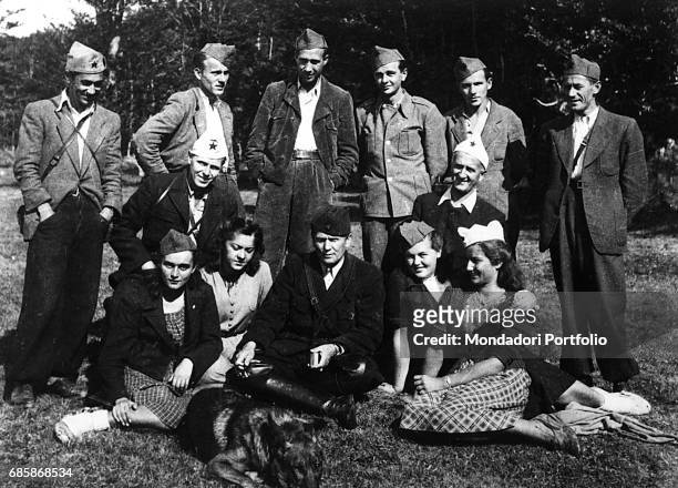 Yugoslav marshall and revolutionary Josip Broz Tito with Croatian actors members of the partisan groups, on the Yugoslav front during World War II....
