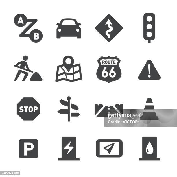 ilustrações de stock, clip art, desenhos animados e ícones de road trip icons - acme series - road signal