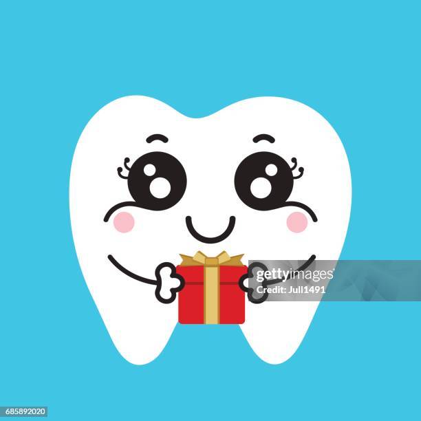 cute little tooth holds a red box with a gift. - flushing stock illustrations