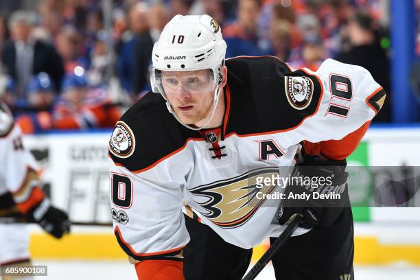 Corey Perry of the Anaheim Ducks lines up for a face off in Game Four of the Western Conference Second Round during the 2017 NHL Stanley Cup Playoffs...