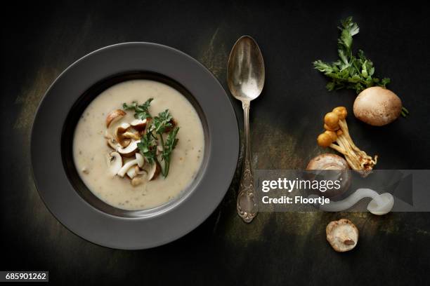 soepen: champignonsoep stilleven - shiitake mushroom stockfoto's en -beelden