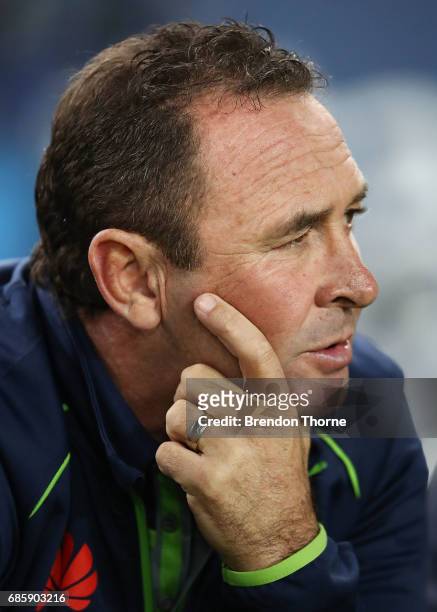 Raiders coach, Ricky Stuart looks on during the round 11 NRL match between the Parramatta Eels and the Canberra Raiders at ANZ Stadium on May 20,...