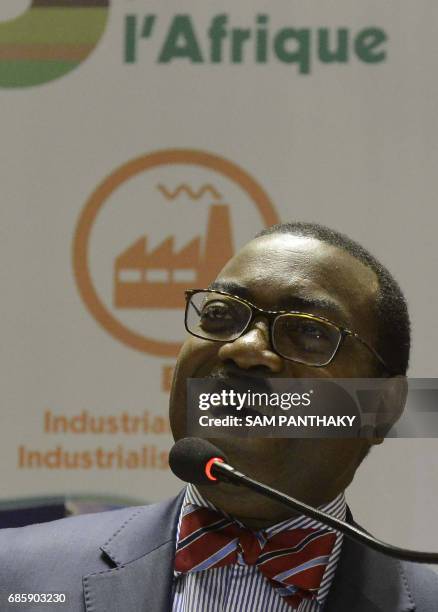 African Development Bank President Akinwumi Adesina gestures as he addresses a press conference in Ahmedabad on May 20 ahead of the ADB Annual...