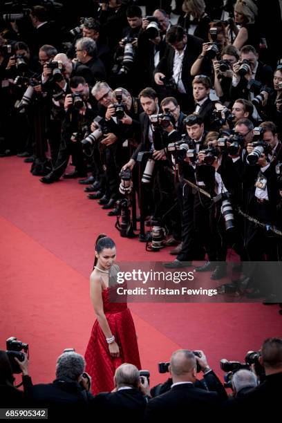 Model Bella Hadid attends the 'Okja' screening during the 70th annual Cannes Film Festival at on May 19, 2017 in Cannes, France.