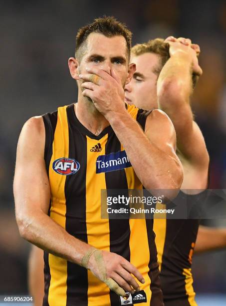 Luke Hodge of the Hawks looks dejected after losing the round nine AFL match between the Collingwood Magpies and the Hawthorn Hawks at Melbourne...