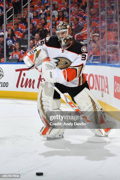 John Gibson of the Anaheim Ducks plays the puck in Game Six of the Western Conference Second Round during the 2017 NHL Stanley Cup Playoffs against...