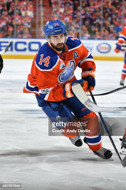 Jordan Eberle of the Edmonton Oilers skates in Game Six of the Western Conference Second Round during the 2017 NHL Stanley Cup Playoffs against the...