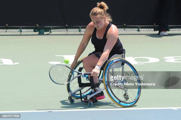 Aniek van Koot of the Netherland plays a backhand in the Women's Singles semi final against Diede de Groot of the Netherland during day five of the...