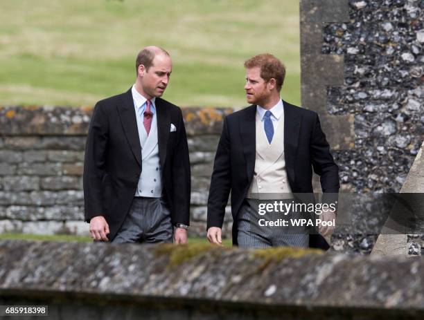 Prince William, Duke of Cambridge and Prince Harry arrive for the wedding ceremony of Pippa Middleton to James Matthews at St Mark's Church as the...