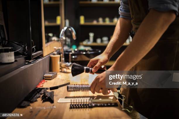 barber preparing salon - shaving brush stock pictures, royalty-free photos & images