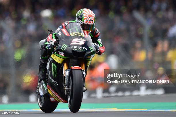 France's rider Johann Zarco competes on his Monster Yamaha TECH 3 MOTOGP N°5 and clocked the third position on the starting grid during a motoGP...