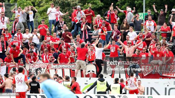 Fans during the German third league match between Preussen Muenster and Jahn Regensburg on May 20, 2017 in Muenster, Germany.