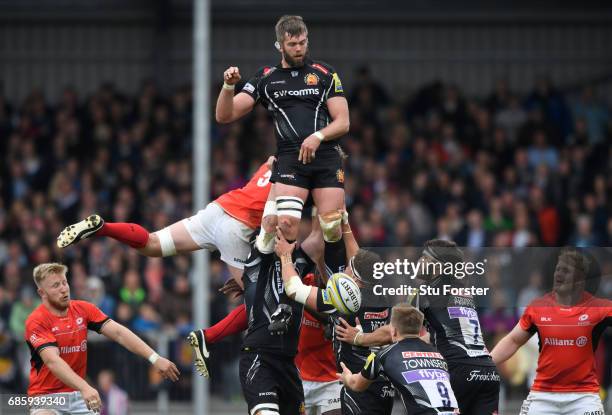 Geoff Parling of Exeter Chiefs wins lineout ball during the Aviva Premiership semi final match between Exeter Chiefs and Saracens at Sandy Park on...