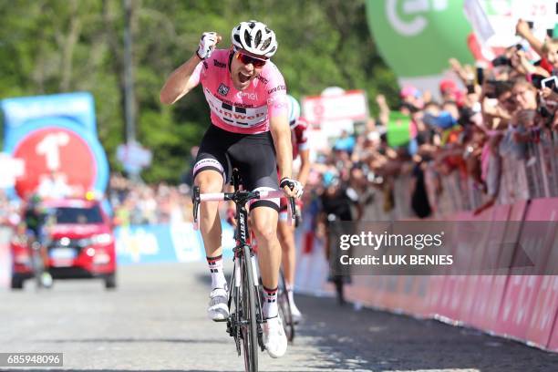 Pink Jersey, Netherlands' Tom Dumoulin of team Sunweb celebrates as he crosses the finish line to win the 14th stage of the 100th Giro d'Italia, Tour...