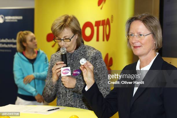 President of Lotto in Bayern Frederike Sturm speaks during the draw at the Lotto Zentrale at the WTA Nuernberger Versicherungscup on May 20, 2017 in...