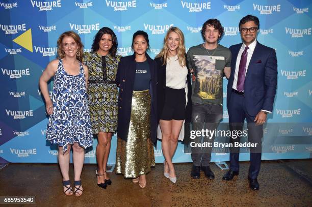 Jennie Snyder Urman, Andrea Navedo, Gina Rodriguez, Yael Grobglas, Brett Dier, and Jamie Camil attend the Jane The Virgin panel discussion at the...