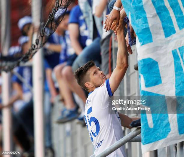 Klaas-Jan Huntelaar of Schalke 04 thanks the fans after the Bundesliga match between FC Ingolstadt 04 and FC Schalke 04 at Audi Sportpark on May 20,...