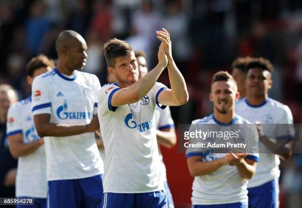 Klaas-Jan Huntelaar of Schalke 04 thanks the fans after the Bundesliga match between FC Ingolstadt 04 and FC Schalke 04 at Audi Sportpark on May 20,...