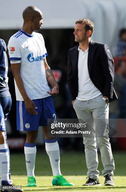 Markus Weinzierl head coach and Naldo of Schalke 04 chat after the Bundesliga match between FC Ingolstadt 04 and FC Schalke 04 at Audi Sportpark on...