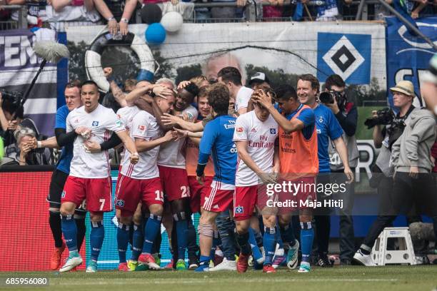 Luca Waldschmidt of Hamburg celebrates after scoring a goal to make it 2-1 during the Bundesliga match between Hamburger SV and VfL Wolfsburg at...