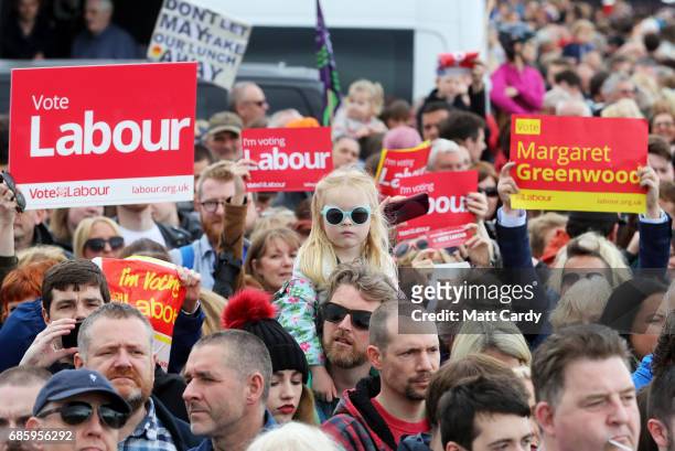 Supporters gather before a campaign visit by Labour Leader Jeremy Corbyn in West Kirby on May 20, 2017 in the Wirral in Merseyside, England. All...