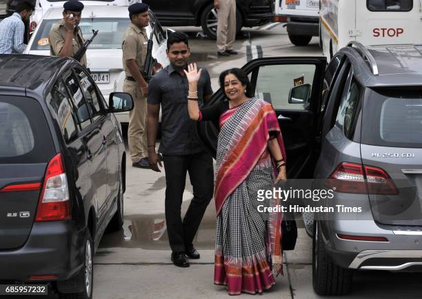 Chandigarh MP Kirron Kher at airport to receive BJP National President Amit Shah for a road show and to inaugurate the newly-renovated hi-tech BJP...