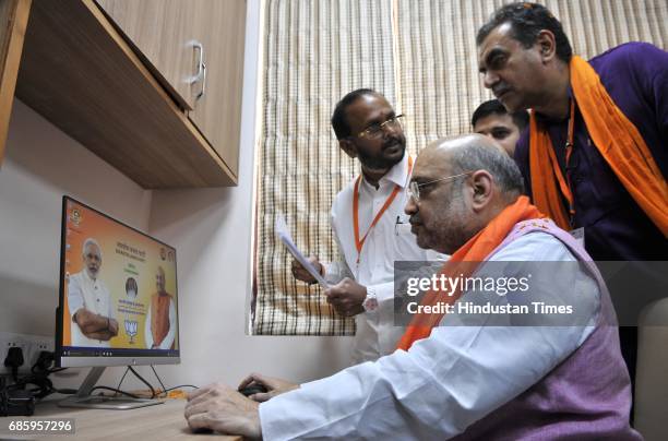 National President Amit Shah with local leaders after inaugurating the newly-renovated hi-tech BJP office in the city, on May 20, 2017 in Chandigarh,...