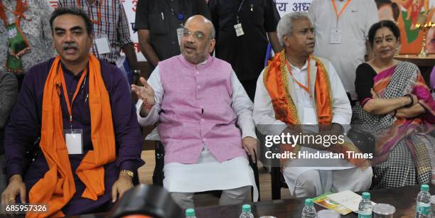 National President Amit Shah, Chandigarh MP Kirron Kher with local leaders after inaugurating the newly-renovated hi-tech BJP office in the city, on...