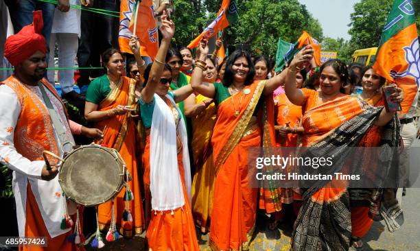 Supporters celebrating during the road show of BJP Chief Amit Shah, on May 20, 2017 in Chandigarh, India. As part of his countrywide 95-day tour...