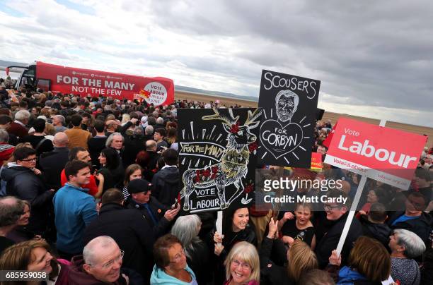 Supporters gather before a campaign visit by Labour Leader Jeremy Corbyn in West Kirby on May 20, 2017 in the Wirral in Merseyside, England. All...