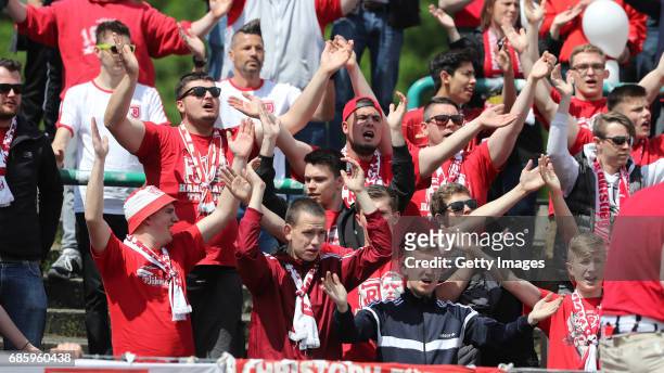 Fans during the German third league match between Preussen Muenster and Jahn Regensburg on May 20, 2017 in Muenster, Germany.