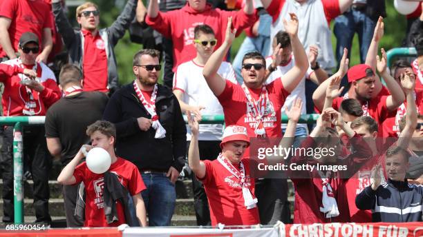 Fans during the German third league match between Preussen Muenster and Jahn Regensburg on May 20, 2017 in Muenster, Germany.